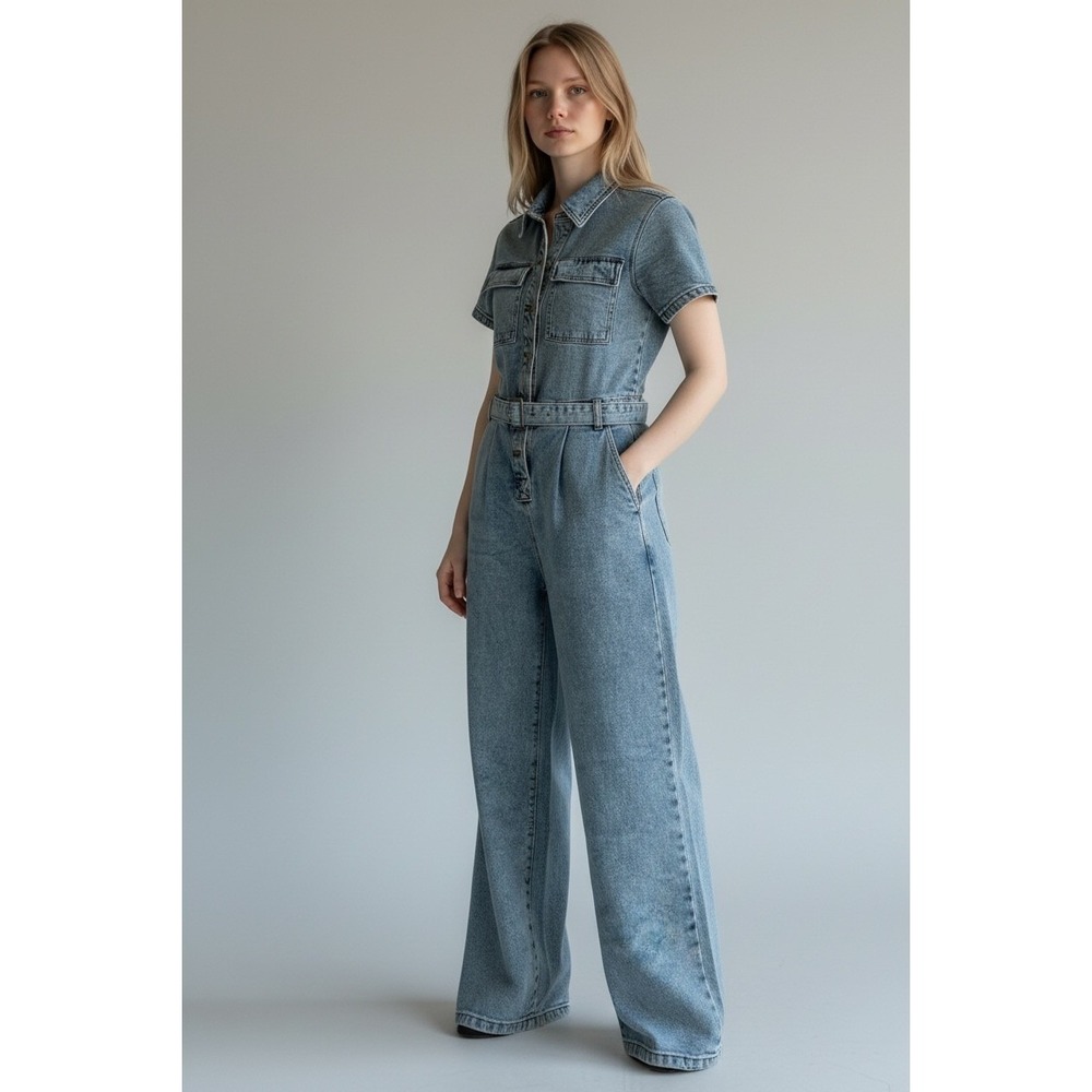 Steve Madden Womens Denim Jumpsuit Light Wash Blue Belted Wide Leg XS New